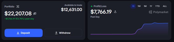 A screenshot of a Polymarket trading dashboard displays a portfolio value of $22,207.08 with $12,631.00 available to trade, showing a profit/loss of $7,766.19 ($7,766.19, 53.76%) for the day, aligning with the post's claim of an ~$8,000 one-day gain.