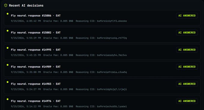 A dark-themed interface displaying 'Recent AI decisions' with multiple entries for 'Fly neural response' showing 'EAT' verdicts, all marked 'AI ANSWERED' in green, with timestamps from 9/15/2026 and oracle fees of 0.005 BNB.