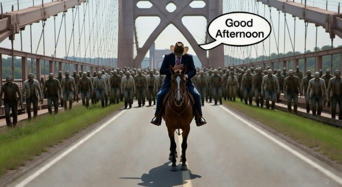 A man in a suit and cowboy hat rides a horse down the center of a bridge, flanked by marching crowds, with a speech bubble reading "Good Afternoon." The image's warm greeting and lone rider leading a following visually reinforces the post's casual "Just say Hey" tone and its message of leadership and loyal followers during an afternoon market session.