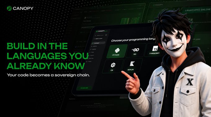The image features a man wearing a mask standing next to a computer screen displaying an advertisement for Canopy. The man appears to be pointing at something on the screen, possibly indicating that he has found information or resources related to web3 development. The background of the image is black and green, which contrasts with the white shirt worn by the man in front of him. The text "Build in the languages you already know" suggests that the advertisement is promoting a platform for beginners who are new to web3 technology.