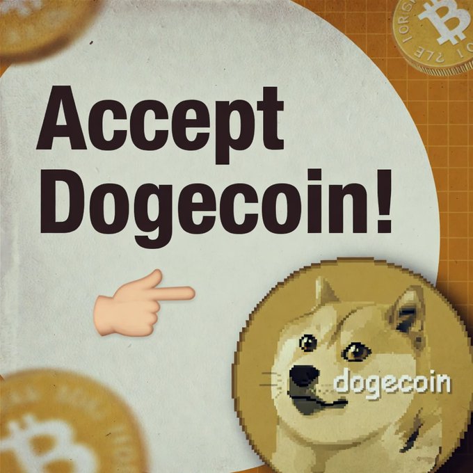 A graphic featuring a cartoon hand pointing to the text 'Accept Dogecoin!' with pixel-art Dogecoin and Bitcoin tokens scattered around the edges.