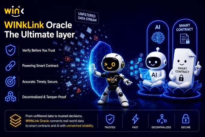The image is a promotional graphic for "WINkLink Oracle - The Ultimate Layer," featuring a futuristic robot character alongside AI and Smart Contract mascots, with a stream of "Unfiltered Data" flowing into them. Key features highlighted include "Verify Before You Trust," "Powering Smart Contract," "Accurate. Timely. Secure," and "Decentralized & Tamper-Proof," reinforcing the post's message about the critical role of reliable data in smart contract execution.