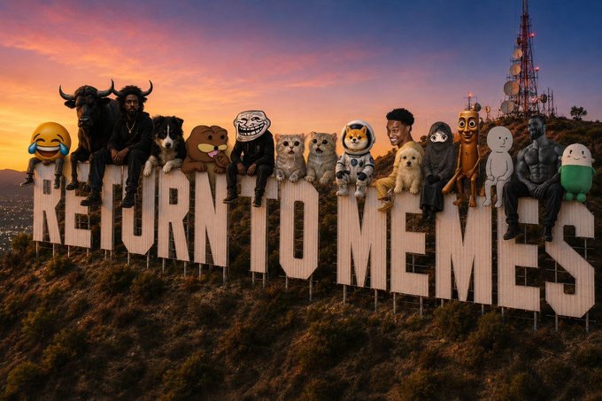 A playful parody of the iconic Hollywood sign set against a sunset, with the letters spelling "RETURN TO MEMES" and various popular meme characters and figures (including the crying-laughing emoji, Doge, and Dark Brandon) sitting atop the letters, directly illustrating the post's call to "return to memes" and promoting the $RTM ticker as a meme coin contender alongside $Jotchua and $BULL.