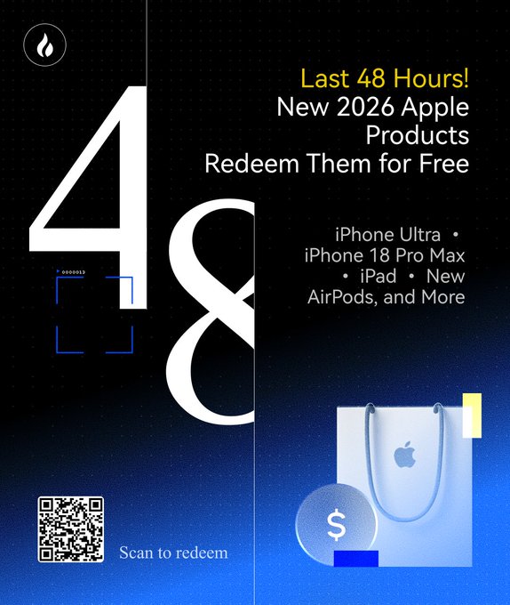A promotional graphic features a large stylized "48" countdown alongside text reading "Last 48 Hours! New 2026 Apple Products Redeem Them for Free," listing items like iPhone Ultra, iPhone 18 Pro Max, iPad, and New AirPods. The design includes a shopping bag icon with a dollar coin and a QR code to scan for redemption, aligning with the accompanying post about the closing redemption window for HTX Mars Points.