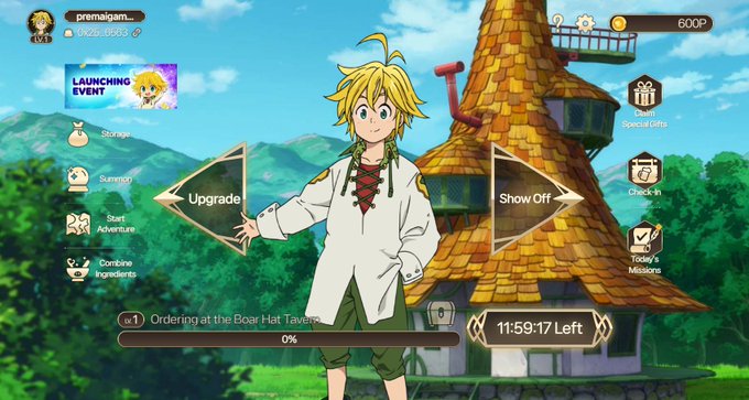 Screenshot of an anime-style mobile game featuring a blonde character in a green and white tunic, with 'Upgrade' and 'Show Off' buttons and a quest labeled 'Ordering at the Boar Hat Tavern.'