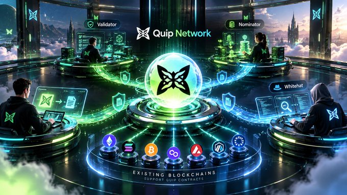 A futuristic digital illustration depicting the 'Quip Network' ecosystem, featuring labeled stations for Validator, Nominator, and Whitehat operators connected to a central glowing orb, with 'EXISTING BLOCKCHAINS SUPPORT QUIP CONTRACTS' displayed at the bottom.