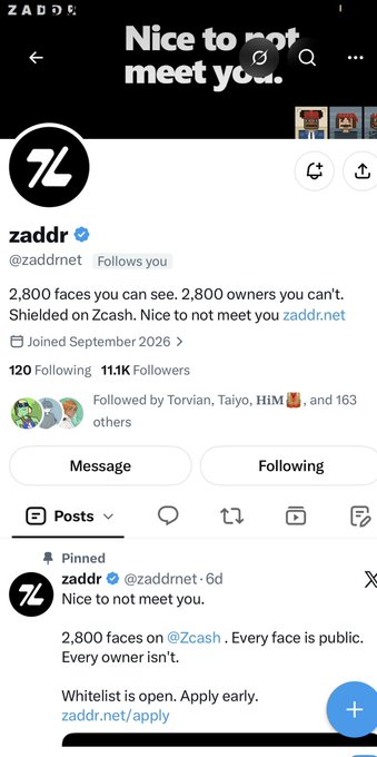 A screenshot of the zaddr (@zaddrnet) Twitter/X profile, displaying the bio '2,800 faces you can see. 2,800 owners you can't. Shielded on Zcash. Nice to not meet you zaddr.net' along with 11.1K followers and a pinned post about '2,800 faces on @Zcash'.