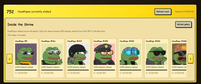 A screenshot of a website showing '752 HoodPees currently staked' under 'Inside the Shrine', featuring various Pepe-themed NFT characters with names like HoodPepe #5, #241, and #415.