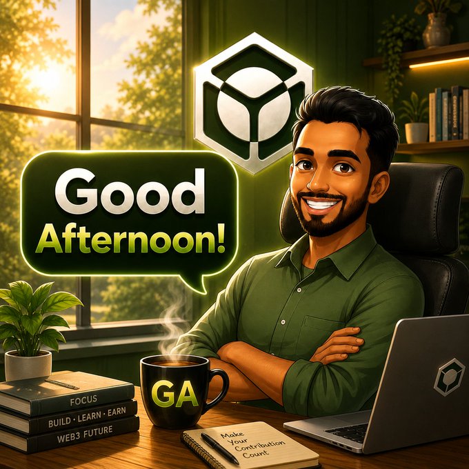 A cartoon-style image of a smiling man at a desk with a laptop, books titled "FOCUS," "BUILD - LEARN - EARN," and "WEB3 FUTURE," and a speech bubble saying "Good Afternoon!"