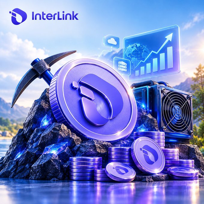 A 3D rendered promotional graphic for "InterLink" featuring purple mining-themed coins and equipment set against a scenic landscape with a holographic data display.