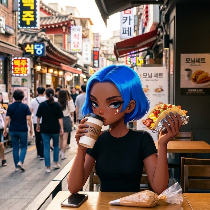 A digital anime-style illustration of a blue-haired character in a black shirt drinking coffee and holding a sandwich in a bustling Korean street setting.