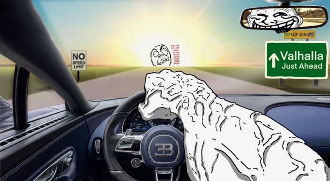 A meme image showing the interior of a Bugatti with a sketched white tiger driving, road signs reading 'NO SPEED LIMIT' and 'Valhalla Just Ahead', a 'KEEP GOING' sticker on the rearview mirror, and a 'Sicko Mode' skull on the windshield.