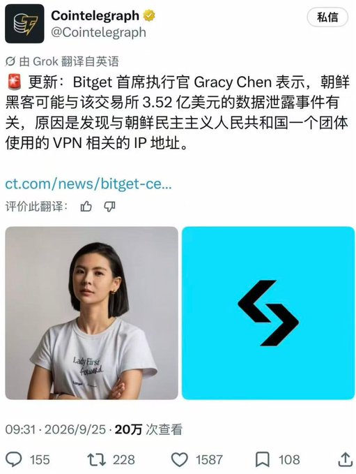 A Cointelegraph tweet (translated from Chinese by Grok) about Bitget CEO Gracy Chen linking a $352 million data breach to North Korean hackers via a VPN-related IP address, featuring images of a woman and the Bitget logo.