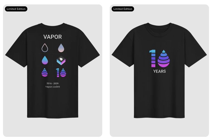The image displays two limited edition black t-shirts celebrating a 10-year anniversary—one featuring a "VAPOR" design with colorful water droplet icons and the dates "2016-2026," and the other showcasing a stylized "10 YEARS" graphic with a purple-and-blue droplet—matching the post's reflection on a decade of vapor codes.