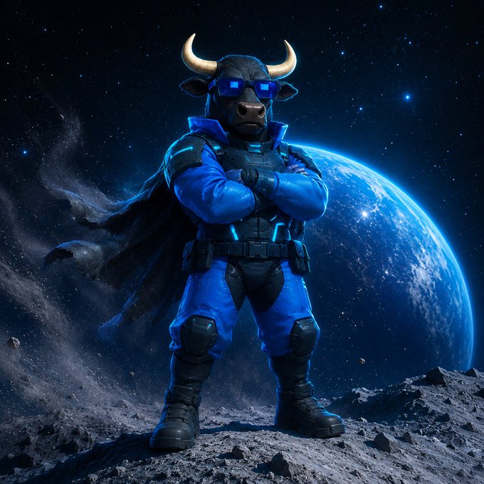 A 3D-rendered anthropomorphic bull character wearing a blue tactical suit and glowing blue sunglasses, standing confidently with arms crossed on a rocky lunar surface with Earth visible in the starry background.