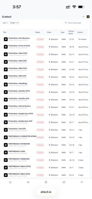 A screenshot from atlas3.io showing PristineDao's giveaway history on Ethereum chain, displaying approximately 20 raffles including NM Mashtinis, Proof of Mashtinis, Meis FCFS, and other NFT collections, with entry counts ranging from 8/8 to 33/8 and ending times from minutes to days away, illustrating the rapid succession of raffles mentioned in the post celebrating the platform's prolific giveaway activity.