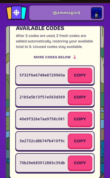 A mobile app screen from @zmmagico showing 'AVAILABLE CODES' with five alphanumeric codes and pink 'COPY' buttons, with a note that 3 fresh codes are added after 3 are used.