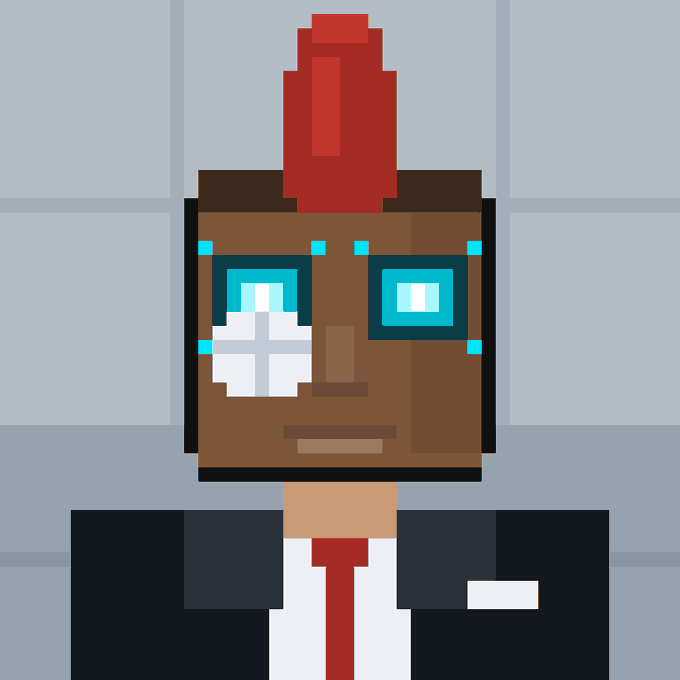 A pixel-art portrait depicts a dark-skinned character with a red mohawk, glowing cyan sunglasses, and a suit with a red tie, set against a light blue tiled background. The image serves as stylized branding or avatar art accompanying a tweet announcing that 21,996 people applied for the @zaddrnet whitelist, with a link to check if they were accepted.