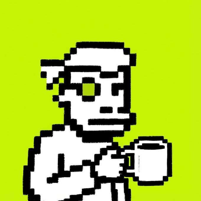 A pixel-art style black-and-white illustration of a bearded man wearing a hat and holding a mug against a bright lime-green background.