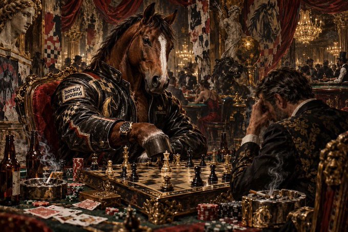 An AI-generated image depicting an anthropomorphic horse wearing a studded leather jacket with a 'horsin around' patch, playing chess against a man in an opulent casino setting.