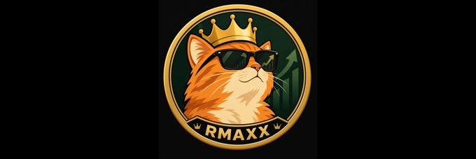 The image is a circular badge-style banner featuring an orange tabby cat wearing a gold crown and sunglasses, with an upward-trending chart arrow in the background and the text "RMAXX" displayed on a banner at the bottom. It serves as the official banner image for the Solana token $RMAXX, reflecting the meme-style branding on Moby.