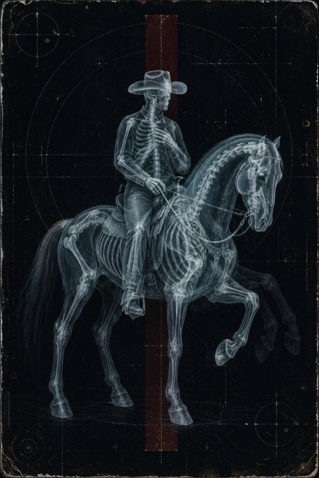 A skeleton cowboy in a wide-brimmed hat rides an X-rayed horse against a dark, gridded background featuring a vertical red stripe. The skeletal imagery plays on the "Good Morning" greeting with a hauntingly literal twist—suggesting the rider is already dead, evoking the gallows humor of a dawn that feels like an eternal one.