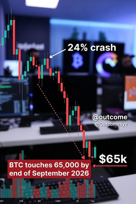 A crypto trading chart overlay on a blurred office background shows a steep downward candlestick pattern labeled "24% crash" pointing to a "$65k" target, with text reading "BTC touches 65,000 by end of September 2026" and the handle "@outcome / @Outcomexyz." The image visually supports the post's bearish call by depicting the ~24% drop from BTC's current mid-$85k spot price that would be required to hit $65k by September's end.