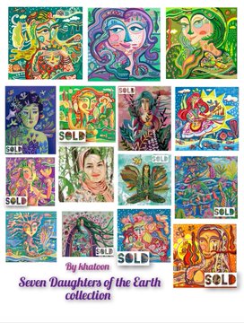 A collection of colorful, psychedelic-style digital artworks titled "Seven Daughters of the Earth collection" by khateon, with several pieces marked "SOLD".