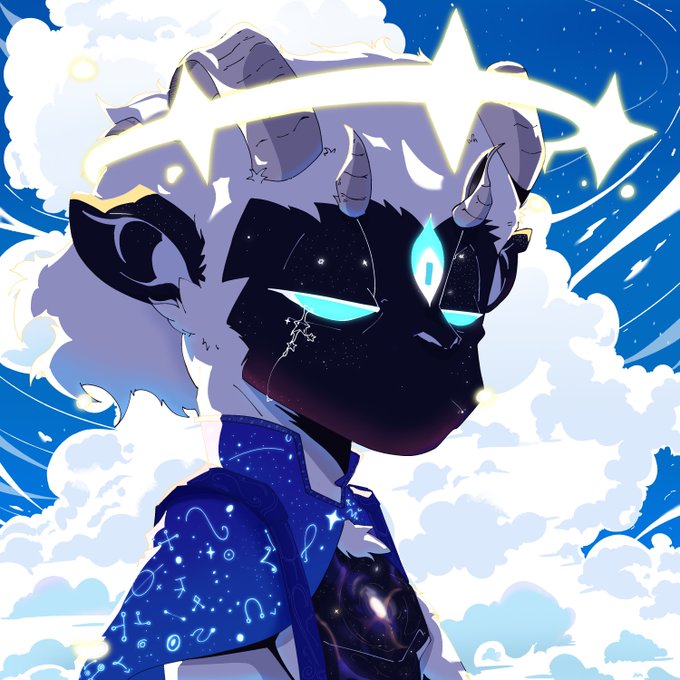 Anime-style illustration of a dark-skinned demon/character with white fluffy hair, horns, glowing teal eyes, and a cosmic-patterned blue suit against a cloudy blue sky background.
