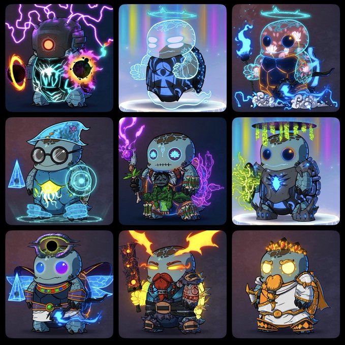 A 3x3 grid of nine chibi-style robot and creature characters with glowing eyes, weapons, and magical effects in various color schemes including purple, blue, and green.