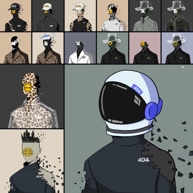 A digital illustration series showing various characters wearing numbered '404' caps and formal attire, featuring glitch effects, with close-ups of figures with leopard print patterns and a robot-like astronaut helmet.