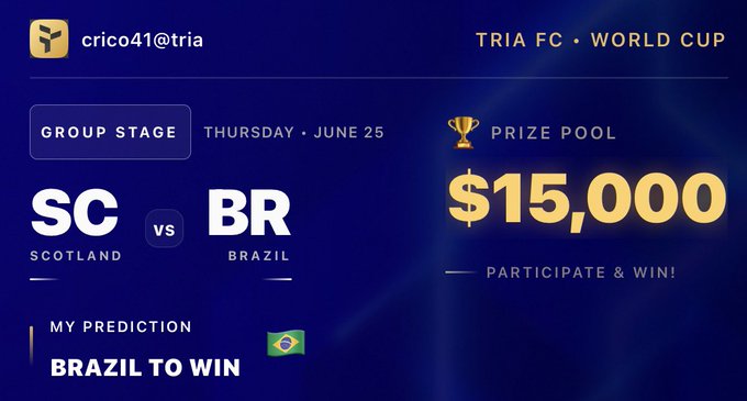 The image shows a post about a live soccer match between Brazil and Scotland, with a $15K prize pool for anyone who correctly guesses which country will win. The text in bold at the top of the image reads "My World Cup card is live on @useTria Backing Brazil TO WIN vs Scotland. I'm racing for a $15K prize pool on Tria - every pick, swipe & trade scores". The post also provides information about how to participate and win using the app.