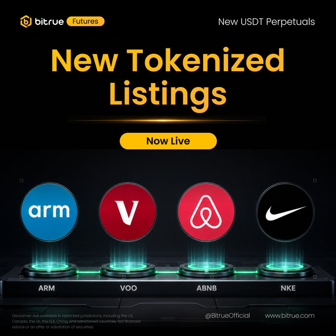 Bitrue Futures announces new tokenized USDT perpetual listings now live for ARM (Arm Holdings), VOO (Vanguard S&P 500 ETF), ABNB (Airbnb), and NKE (Nike). The promotional graphic features the brands' logos displayed on futuristic illuminated podiums, with a disclaimer noting these are restricted in the US, Canada, UK, EEA, China, and sanctioned countries.