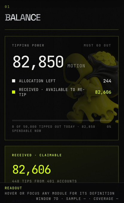 A mobile app screenshot showing a 'BALANCE' of 82,850 MOTION as 'TIPPING POWER', with 82,606 received and claimable from 448 tips, and a daily limit of 50,000.