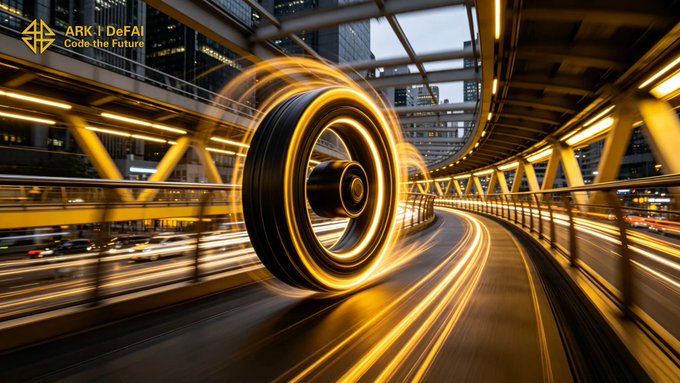 The image features a car traveling down an elevated roadway or bridge with a yellow wheel that appears to be spinning rapidly. The background of the photo shows buildings, suggesting that this scene takes place in a city setting. There are also cars visible on the road, indicating that the area is active and bustling. The caption provided for the image reads "ARKI AI App is built to move with speed. AI Agents help users cut through noise, act faster, and stay on the right track as ARK builds real Web3 utility for everyday use." This implies that there might be an AI application or service related to transportation in this city area, possibly assisting drivers with navigation, traffic management, or other aspects of urban mobility.