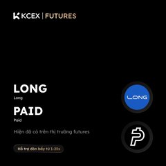 A dark-themed trading interface from KCEX Futures showing 'LONG' and 'PAID' options in Vietnamese, with a 'Hỗ trợ đòn bẩy từ 1-20x' (leverage support from 1-20x) button.