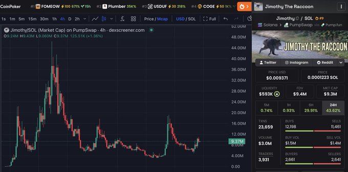 A CoinPoker trading chart displays Jimothy The Racoon (Jimothy/SOL) on PumpSwap via dexscreener.com, currently priced at $0.009371 with a market cap of $9.3M and 23,659 holders, showing a recent price bounce to $9.37M from a sharp dip. The image supports the post's message by showing the meme coin is "not ded"—a visible upward spike in price suggests the Jimothy community is still actively pushing, backing the author's conviction that strong community engagement (not just price action) is what keeps a meme alive.