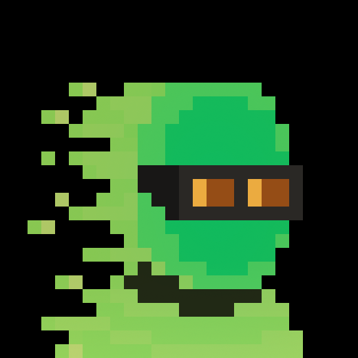 Pixel art of a green, comet-like character with orange visor eyes, appearing to move rapidly to the left with pixelated particles trailing behind it.