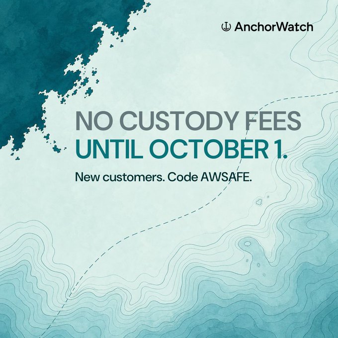 An AnchorWatch promotional image featuring a nautical, map-like background with the text 'NO CUSTODY FEES UNTIL OCTOBER 1.' and 'New customers. Code AWSAFE.'
