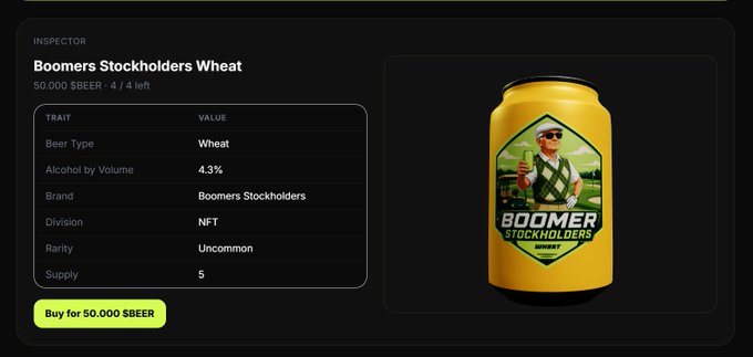 An NFT inspector page for 'Boomers Stockholders Wheat' ($BEER), detailing its traits (Beer Type: Wheat, ABV: 4.3%, Brand: Boomers Stockholders, Rarity: Uncommon, Supply: 5) priced to buy for 50,000 $BEER.
