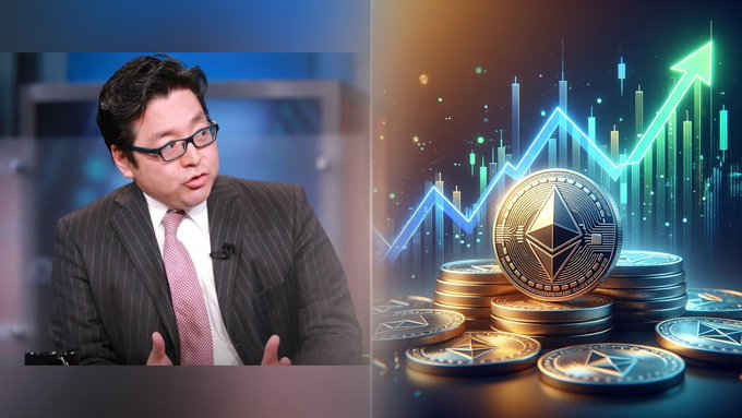 A split image: on the left, a man in a dark pinstripe suit and glasses speaks during an interview; on the right, a stack of gold coins featuring the Ethereum logo is set against a backdrop of an upward-trending green chart and a glowing arrow.