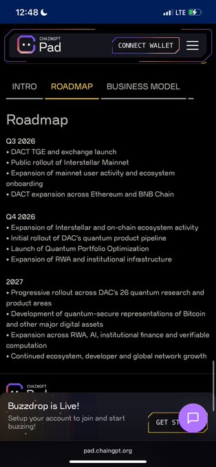 A mobile screenshot of the ChainGPT Pad website showing the DACt roadmap with milestones for Q3 2026 (DACT TGE/exchange launch, Interstellar Mainnet rollout) and Q4 2026 (Quantum Portfolio Optimization, RWA infrastructure), complementing the post's focus on the upcoming 2026 $DACT token generation event.