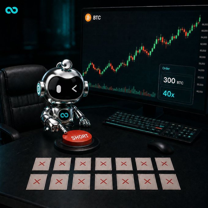 A 3D render of a small metallic robot pressing a red 'SHORT' button at a desk with a keyboard, mouse, and computer monitor displaying a Bitcoin (BTC) candlestick chart with an order panel showing 300 BTC at 40x leverage.