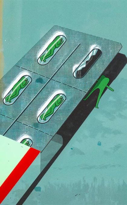 An overhead illustration shows several green humanoid figures lying in capsule-like pods arranged in a grid pattern against a teal background.