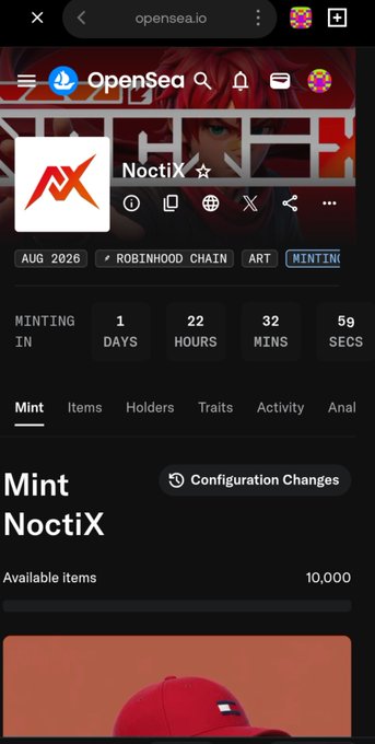 A screenshot of the OpenSea website on a mobile browser showing an upcoming 'MINTING' for 'NoctiX' collection on 'ROBINHOOD CHAIN'.