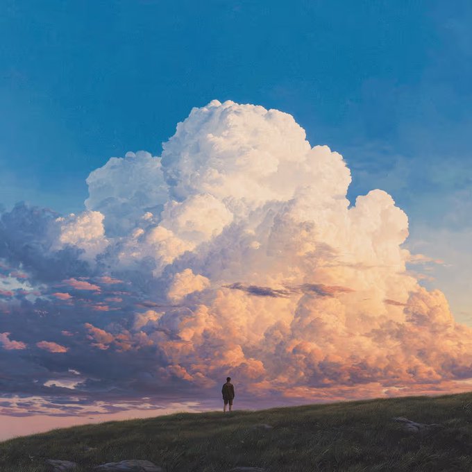 A digital painting of a tiny silhouette of a person standing on a grassy hill beneath a massive, towering white cumulus cloud at sunset.
