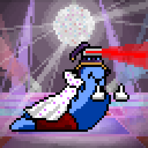 The image features a blue cartoon character with white polka dots, wearing a hat and holding a sword. The character appears to be lying down or sitting on its side, facing towards the right side of the image. In the background, there is a large ball surrounded by smaller balls, which could represent stars in a digital art piece. The caption below the image reads: "Understand solana -> @SolSlugsNFT Understand onchain art -> @solanapoet".