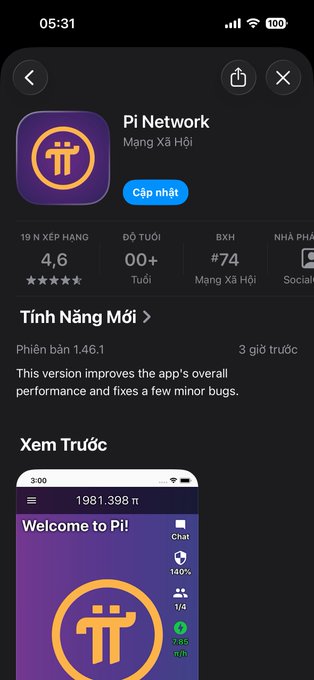 A Vietnamese-language App Store screenshot for Pi Network showing version 1.46.1 with 'Cập nhật' (Update) button and a 4.6 rating.