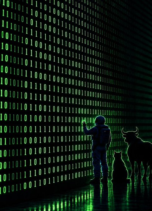 An astronaut with a cat and bull stand before a glowing wall of green binary code, with the astronaut reaching out to touch the digits—visually echoing the cryptic "$0.01 IS $CODED" message and suggesting the unraveling or decoding of hidden signals within the data.