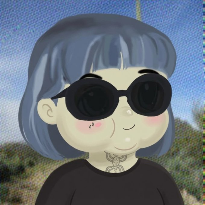 A digital chibi-style avatar of a woman with a blue bob haircut wears oversized black sunglasses, a black t-shirt, and a geometric chest tattoo, set against a pixelated landscape background.